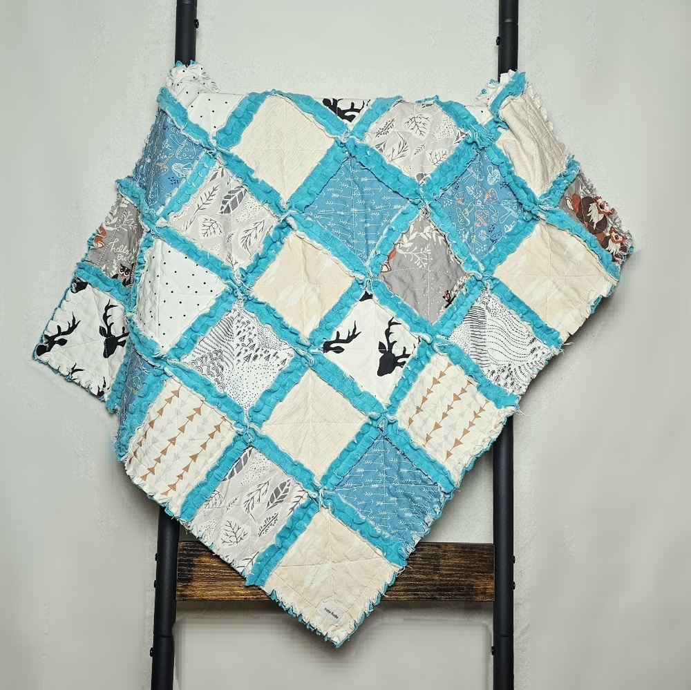 NEW Handmade Hello Bear Teal Minky Rag Quilt
